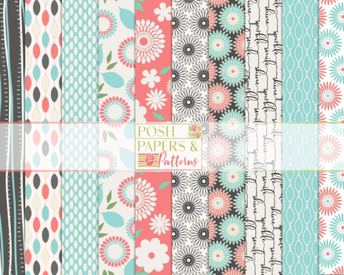 Pretty patterned papers with florial motifs in teal and salmon color palette