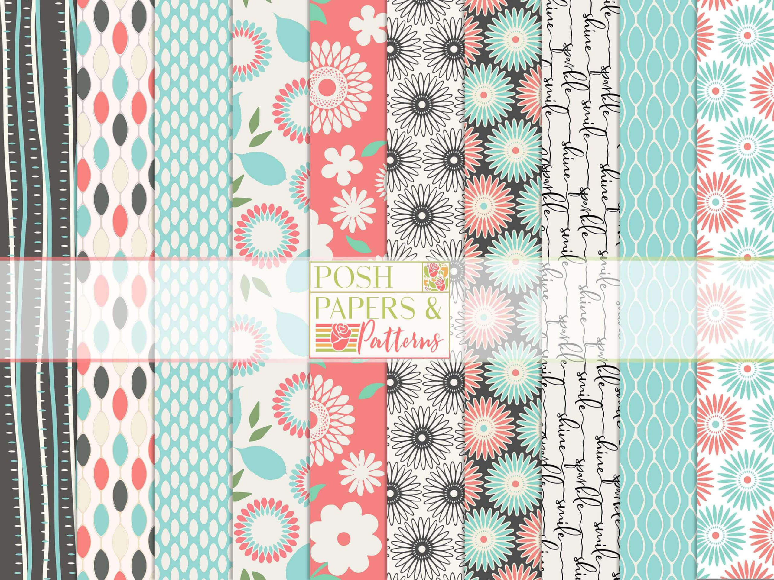 Pretty patterned papers with florial motifs in teal and salmon color palette