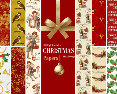 A collage of vintage christmas backgrounds that showcase the digital xmas papers contained in the bundle